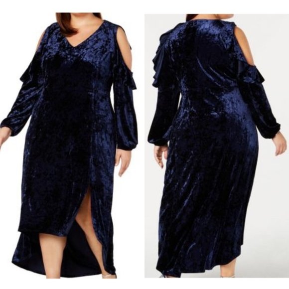 NY Collection Dresses & Skirts - NWT Navy Velvet Cold Shoulder High Low Maxi Dress